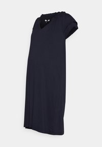 Vestido de maternidade azul-marinho com mangas curtas, decote em V e detalhes franzidos no decote, feito de um tecido suave e elástico.