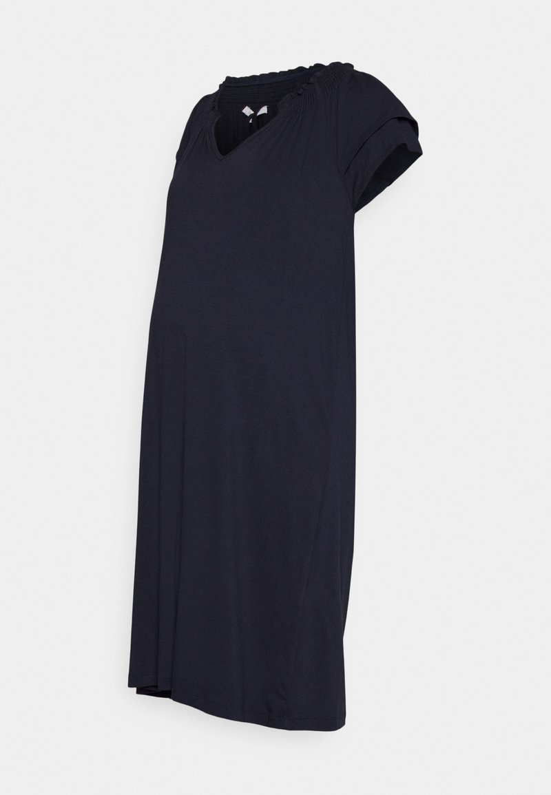 Vestido de maternidade azul-marinho com mangas curtas, decote em V e detalhes franzidos no decote, feito de um tecido suave e elástico.