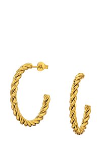 Gouden gedraaide oorknoppen met een gestructureerd oppervlak, voorzien van een veilige postsluiting. Elke oorknop heeft een cirkelvorm.