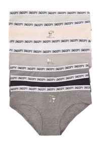 Vijf paar katoenen slipjes in verschillende kleuren: lichtbeige, grijs, donkergrijs en zwart, met een Snoopy-logo en gemusterde elastische taillebanden.