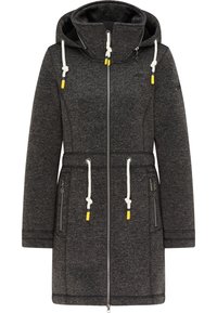 Mörkgrå knälång kappa med huva, vita dragsko med gula spetsar, frontdragkedja och dragkedjefickor på båda sidor.