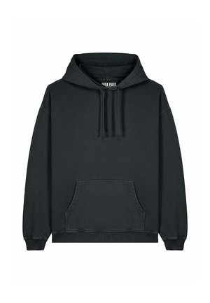 Zwarte hoodie gemaakt van zachte stof, met een voorzak, ribgebreide manchet en zoom. Ontwerpen op de capuchon en een label op de nek.