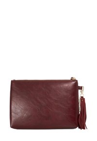Burgundy leather clutch bag with a smooth texture and a gold zipper, featuring a decorative tassel accent attached to a side strap.