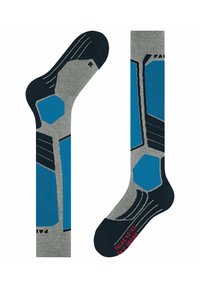 Grijze sokken met blauwe geometrische patronen en zwarte accenten, met ribbeldetails en maatvoering op de zool.