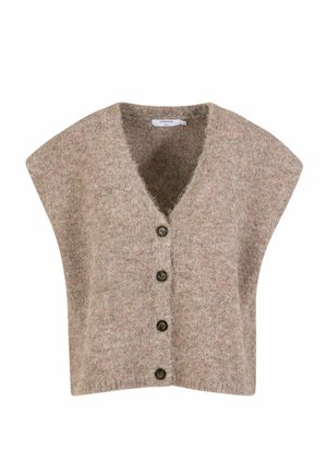 Beige gebreid mouwloos vest met V-hals en vier bruine knopen aan de voorkant, gemaakt van zacht gestructureerde stof.