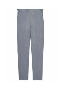 Pantaloni gri deschis cu un țesătură texturată, având două buzunare frontale și o închidere plată cu două nasturi negri. Croială dreptă.