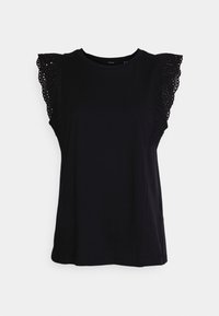 Sort kortærmet T-shirt med blonderdetaljer på skuldrene, rund halsudskæring, blødt stof og afslappet pasform. Ren, enkel design.