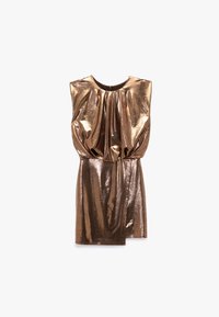 Metallisch bronzefarbenes Minikleid mit gerafftem Oberteil, rundem Ausschnitt und asymmetrischer Drapierung, das eine glatte, glänzende Textur aufweist.