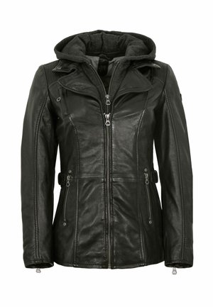 Schwarze Lederjacke mit Frontreißverschluss, Reißverschlusstaschen, gepolsterten Schultern und angenähter dunkler Stoffkapuze.