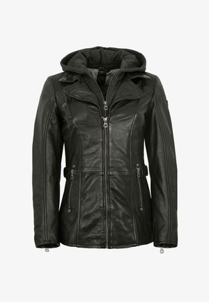 Schwarze Lederjacke mit Frontreißverschluss, Reißverschlusstaschen, gepolsterten Schultern und angenähter dunkler Stoffkapuze.