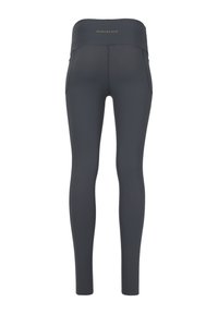 Zwarte high-waisted leggings van rekbaar materiaal, met zijzakken en een soepele textuur. "ENDURANCE" logo gedrukt op de tailleband.