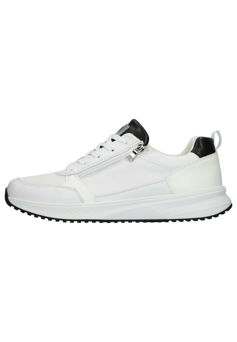 Weiße Sportschuhe mit einer glatten Lederoberfläche, schwarzem Fersenakzent und seitlichem Reißverschluss. Strukturierte Gummisohle für guten Halt.