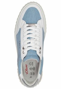 Light blue denim sneaker with white leather accents, round toe, laces, and rubber sole featuring text inside label detailing brand and size.
