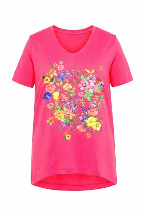 Pink T-shirt med V-hals og korte ærmer med et farverigt blomsterbukettryk centreret på fronten.