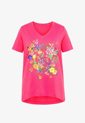 Pinkes V-Ausschnitt T-Shirt mit kurzen Ärmeln und einem bunten Blumenstraußdruck mittig auf der Vorderseite.