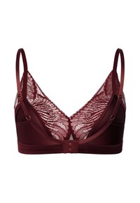 Bralette bordeaux avec superposition en dentelle, tissu doux, bretelles réglables et fermeture à crochet. Bande lisse avec des détails de design délicats.