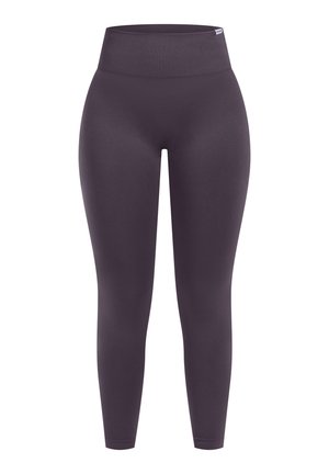 Leggings a vita alta elasticizzati di colore viola scuro, caratterizzati da una texture liscia e un design aderente senza chiusure o motivi visibili.