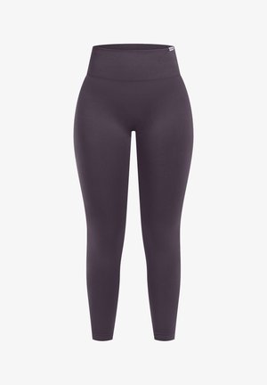 Elastiske højtaljede leggings i en mørk lilla farve, med en glat overflade og tætsiddende design uden synlige lukninger eller mønstre.