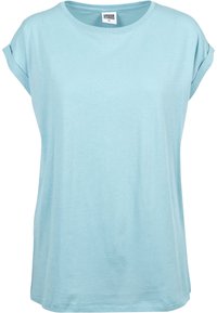 Light blue short-sleeve t-shirt made of soft, smooth fabric. Features a round neckline and rolled cuffs. Classic relaxed fit design.