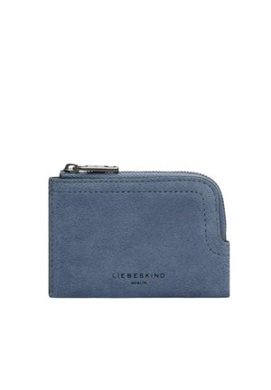 Portafoglio in pelle scamosciata blu con cerniera, angolo arrotondato e logo nero "Liebeskind Berlin" sul davanti.