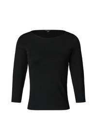 Schwarzes, geripptes Langarmoberteil mit rundem Halsausschnitt, figurbetontem Design und weicher Textur, ideal zum Layering oder als Einzelstück.