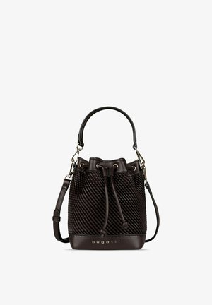 Dunkelbraune, strukturierte Bucket-Bag mit Kordelverschluss, Tragegriff oben, verstellbarem Schultergurt und "bugatti"-Logo vorne unten.