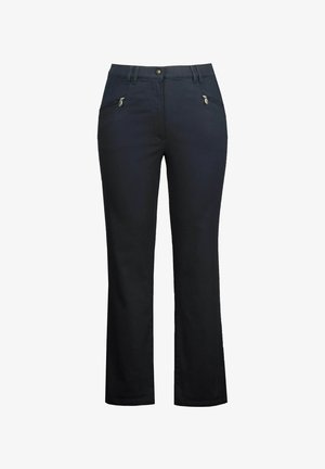 Black trousers made of smooth fabric, featuring a straight leg design, two zippered front pockets, and a button closure at the waist.