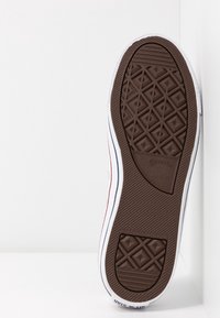 Semelle d'une chaussure blanche Converse All Star montrant une bande de roulement en caoutchouc marron avec des motifs géométriques et le logo, inclinée verticalement sur fond blanc.