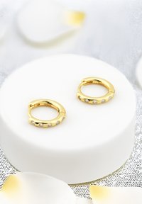 Orecchini a cerchio dorati con cinque piccole pietre trasparenti, dalla superficie liscia e lucida e dalla forma rotonda. Posizionati su una base circolare bianca.