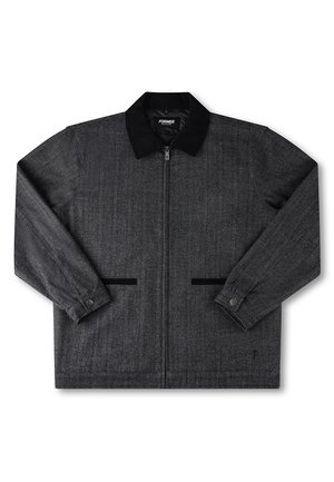 Gray flannel jacket with a black collar, front zip closure, two side pockets, and buttoned cuffs. Textured fabric with subtle pattern.