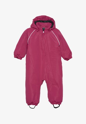 Cubité rose imperméable avec capuche, poignets élastiques et détails en piping blanc. Comprend une fermeture éclair à l'avant et des sangles pour les pieds afin d'assurer un ajustement sécurisé.