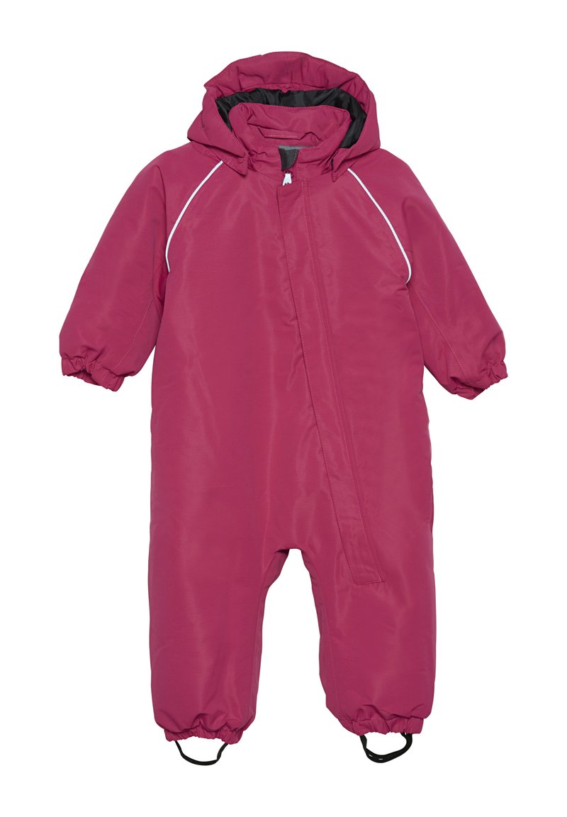Rosa vattentät en-bit dräkt med huva, elastiska ärmslut och vit kantlinje. Har en frontdragkedja och fotremmar för en säker passform.