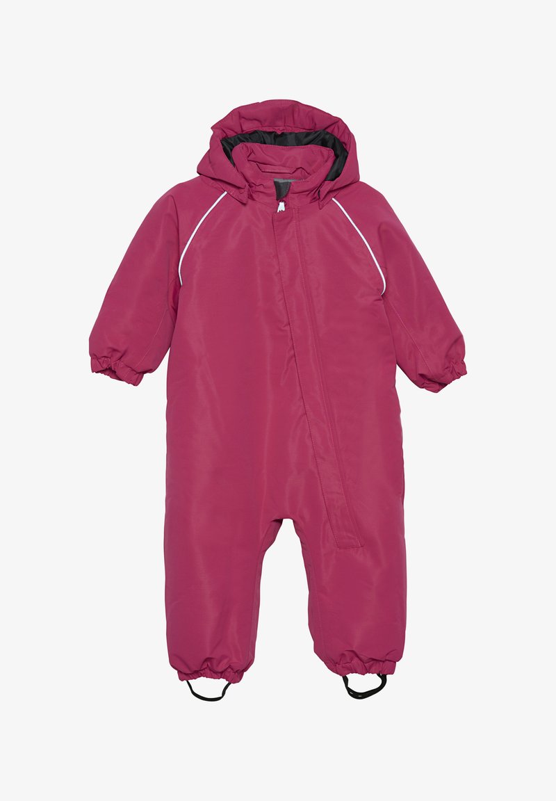 Rosa vattentät en-bit dräkt med huva, elastiska ärmslut och vit kantlinje. Har en frontdragkedja och fotremmar för en säker passform.