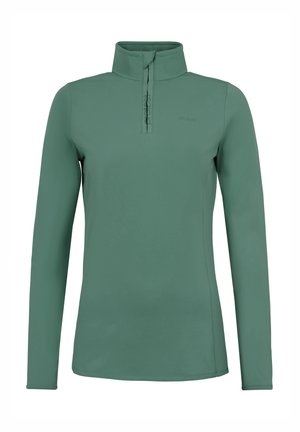 Pull-over à manches longues en tissu vert muted, avec un col haut, une fermeture éclair de quart de longueur et des détails subtils de logo à l'avant.