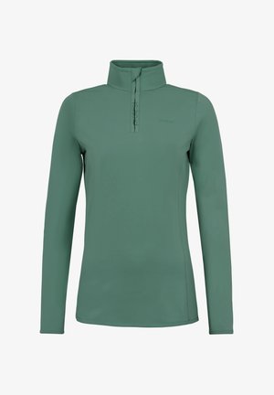 Langarm-Pullover aus gedämpftem grünem Stoff mit hohem Kragen, Reißverschluss in Viertellänge und dezenten Logodetails auf der Vorderseite.