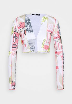 Gekropte shrug met lange mouwen en een multicolor abstracte en grafische print, met een diep open front en opvallende gele stiksels.