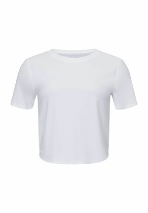 White cropped t-shirt with short sleeves, round neckline, smooth texture, and subtle stitching detail at the hem. Lightweight material.