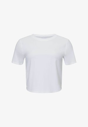 White cropped t-shirt with short sleeves, round neckline, smooth texture, and subtle stitching detail at the hem. Lightweight material.