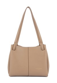 Sac à bandoulière en cuir beige avec finition texturée, doubles anses et logo doré discret en bas à droite à l'avant.