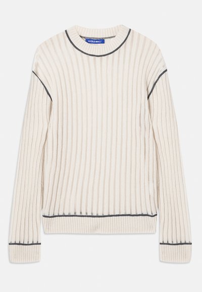 Off-white ribbed sweater made from soft fabric, featuring dark gray accents at the neckline and hem, with long sleeves.