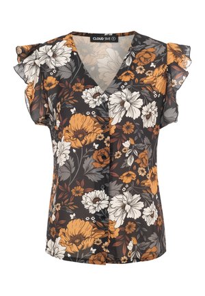 Schwarze Bluse mit Knöpfen, orange-weiß-grauem Blumenmuster und kurzen, gerüschten Ärmeln, Größe klein, Marke Cloud Five.