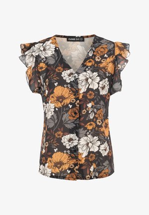 Blusa negra con botones y un patrón floral en naranja, blanco y gris, con mangas cortas con volantes, talla pequeña, marca Cloud Five.
