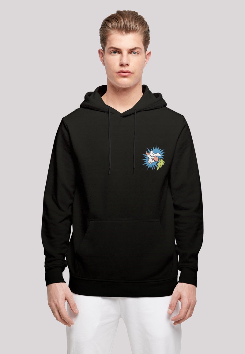 Sudadera negra de algodón, con un diseño gráfico colorido en el pecho que representa un personaje de dibujos animados con toques de azul y verde.