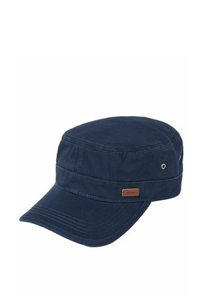 Marineblaue Baumwollmütze im Militärstil mit abgesteppten Einsätzen, gebogenem Schirm, Metallösen zur Belüftung und einem kleinen rechteckigen braunen Etikett.