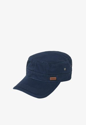Marineblaue Baumwollmütze im Militärstil mit abgesteppten Einsätzen, gebogenem Schirm, Metallösen zur Belüftung und einem kleinen rechteckigen braunen Etikett.