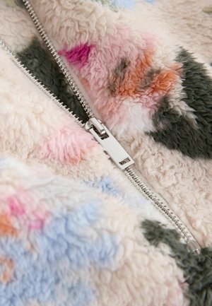 Fleece jacket with a pastel multicolor pattern. Features a silver zipper and soft, textured fabric with fluffy surface details.