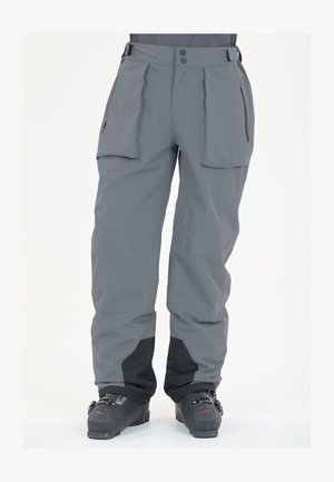 Grijze sneeuwbroek met cargopockets, verstelbare tailleband en zwart ondergedeelte. Gemaakt van duurzaam, waterafstotend materiaal.