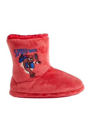 Red plush slippers featuring an embroidered Spider-Man design. Soft material with a cozy texture and a high ankle for warmth.
