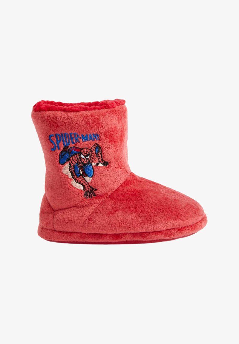 Røde flade hjemmesko med en broderet Spider-Man design. Blødt materiale med en hyggelig tekstur og en høj ankel for varme.