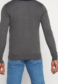 Grå stickad tröja med långa ärmar, rund halsringning och ribbade muddarna. Buren över ljusblå denimjeans, med en enkel design.